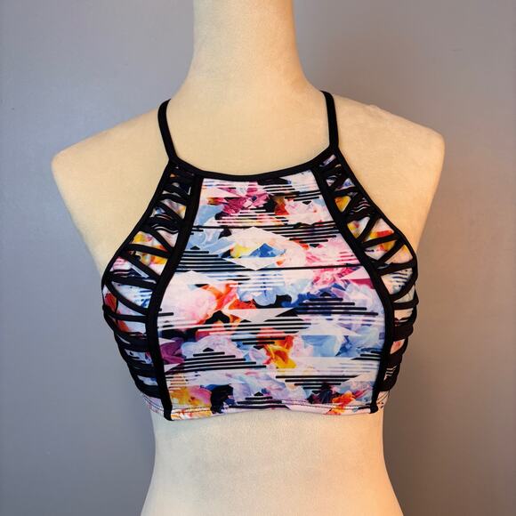 Kenneth Cole High Neck Halter Bikini Top Watercolor Floral Print - Picture 1 of 7